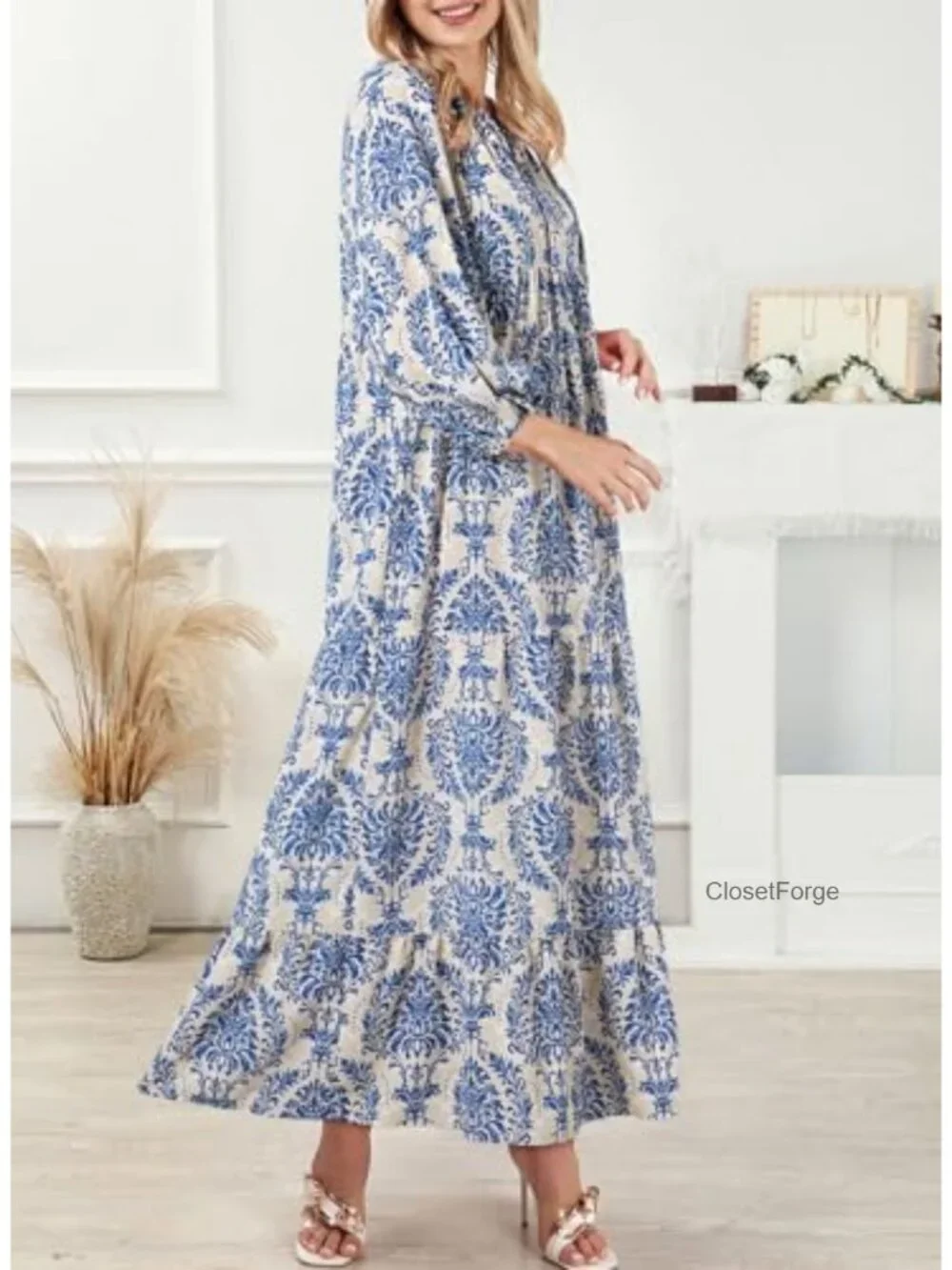 Boho Maxi Dress V Neck Long Puff Sleeve Smocked Ruffle Flowy Casual - Picture 2 of 6